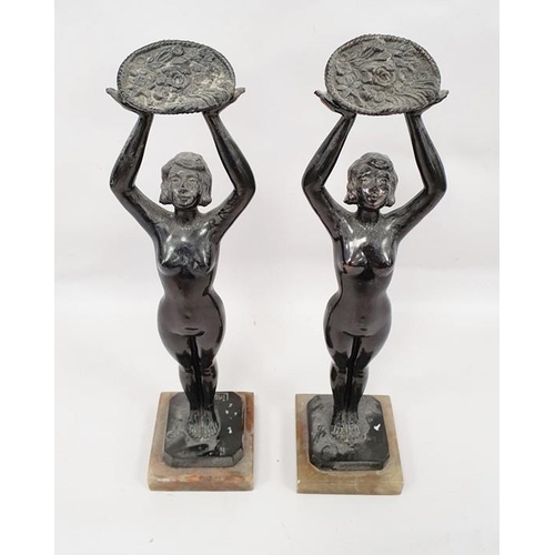 177A - Pair of Limousin bronze Art Nouveau figures of ladies holding aloft baskets of flowers