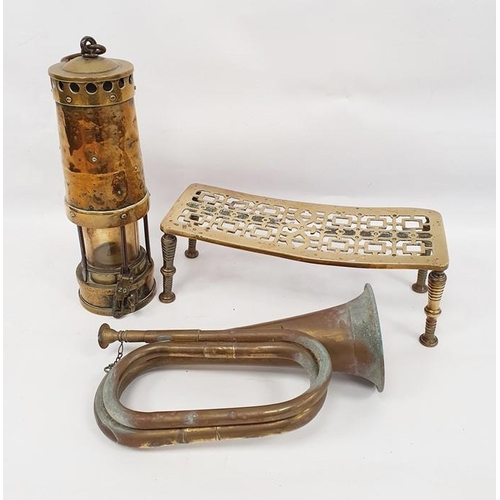 179 - Brass miner's lamp, brass trivet and bugle (3)