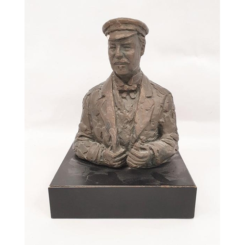 184 - 20th century resin bust of gentleman in cap holding binoculars, 27cm high