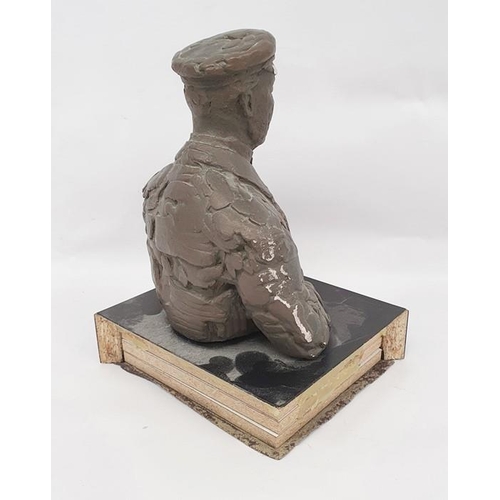 184 - 20th century resin bust of gentleman in cap holding binoculars, 27cm high