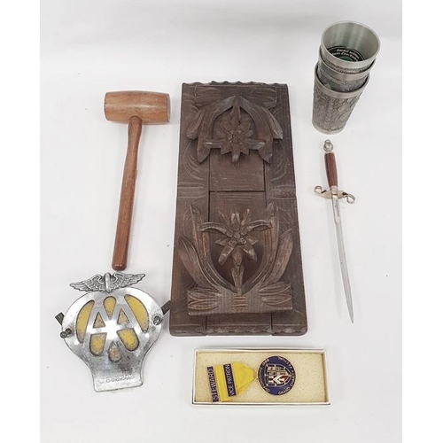 188 - Assorted items to include AA badge, letter opener, ebony elephant, Cornish Pisky brass badge, Oxford... 