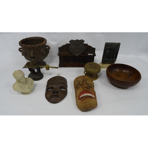 190 - Assorted items including pipe rack, reproduction Sumerian type tablet, masks, treen etc