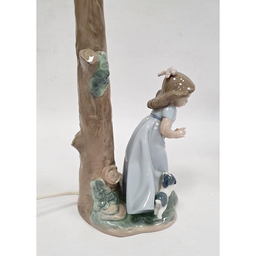 2 - Lladro porcelain table lamp in the form of girl and puppy beside tree trunk, 12cm high and Lladro po... 