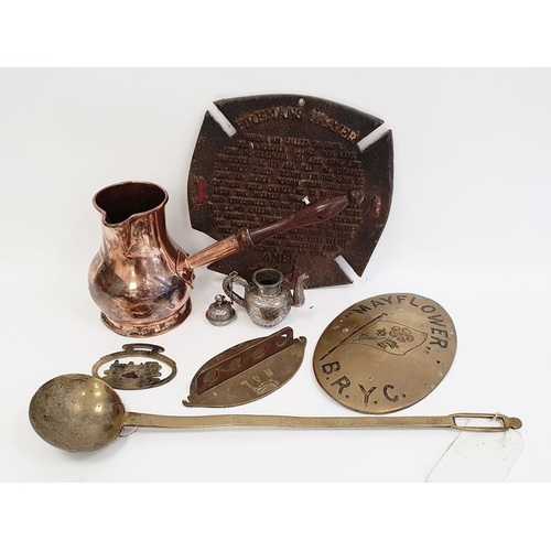 211 - Assorted metalware to include pewter platters, brass bell marked 'Titanic 1912', brass plaque marked... 