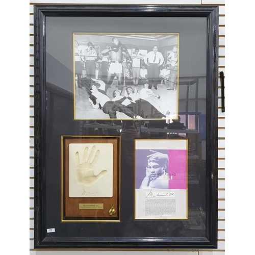 216 - Mohammed Ali framed and glazed photograph, part biography and hand print