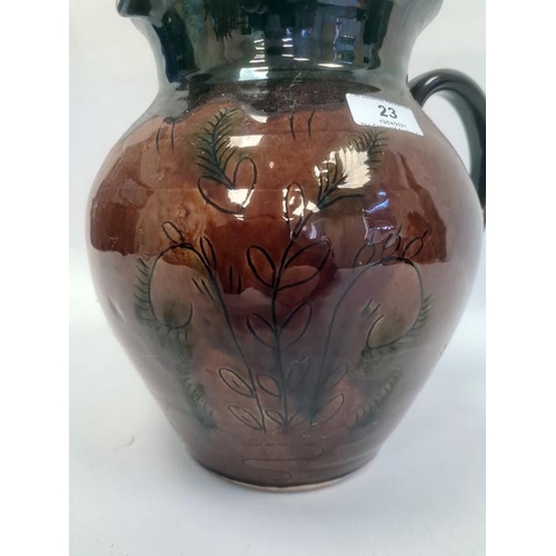 23 - Studio pottery vase, ovoid with treacle brown glaze and line decoration of stylised plants, 26.5cm h... 