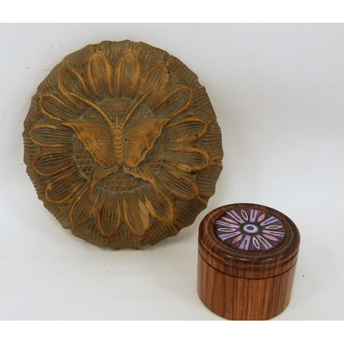 233 - Possibly 18th century carved wooden mould in the form of a moth and 20th century turned lidded pot (... 