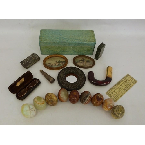 250 - Carved onyx eggs, a parasol handle with gold-coloured collar, etc (2 boxes)