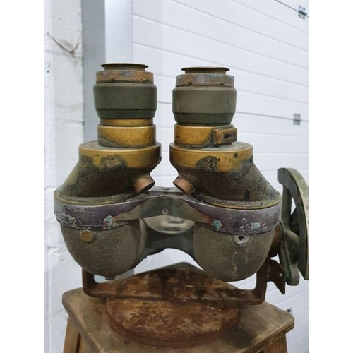 254 - Pair of 20th century, possibly WWII, naval binoculars mounted on wooden base, binoculars unmarked, 5... 