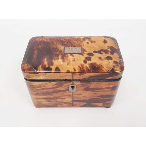 260 - A 19th century tortoiseshell tea caddy, rectangular form, inlaid silver wire work, bun feet, rectang... 