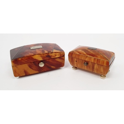 271 - Two early 19th century miniature tortoiseshell caddy-shaped cachou boxes, both with silver wire inla... 