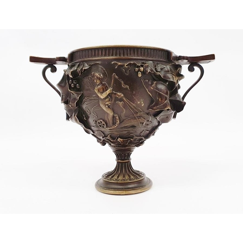 272 - Grand Tour bronze two-handled footed vase with classical allegorical reliefs, viz: putto in chariot ... 