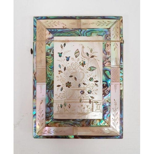 274 - A 19th century mother of pearl and abalone inlaid card case, engraved decoration of peacocks amongst... 