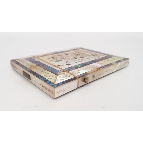 274 - A 19th century mother of pearl and abalone inlaid card case, engraved decoration of peacocks amongst... 