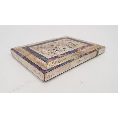 274 - A 19th century mother of pearl and abalone inlaid card case, engraved decoration of peacocks amongst... 