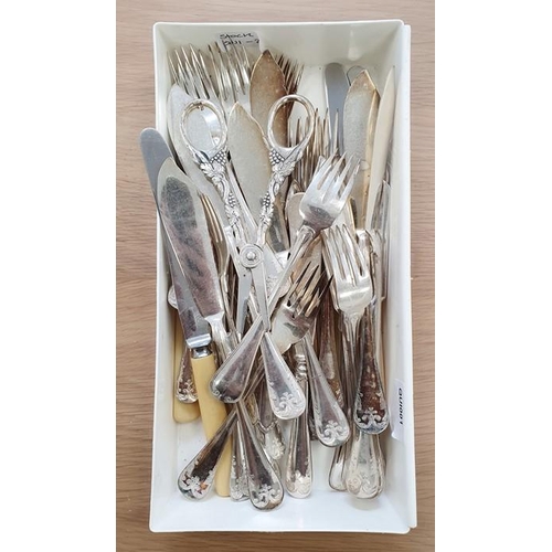 321 - Part set of silver plated cutlery with scrolling decoration, including fish eaters, cake forks, frui... 