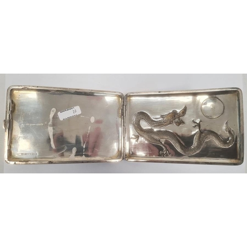 454 - Chinese silver cigarette case, rectangular and curved, the hinged lid repousse with dragon chasing p... 