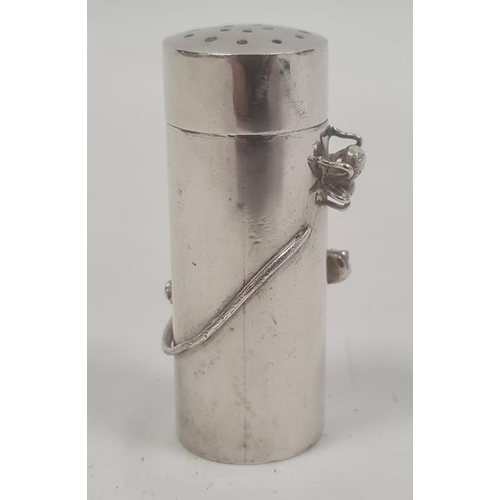 456 - Chinese silver pepperette, cylindrical, applied with lizard chasing a bug, having hinged pierced lid... 