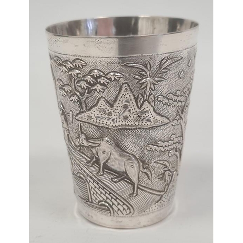 458 - Indo China, probably Vietnamese, beaker decorated with buffalo and figure on a bridge, in lakeside l... 