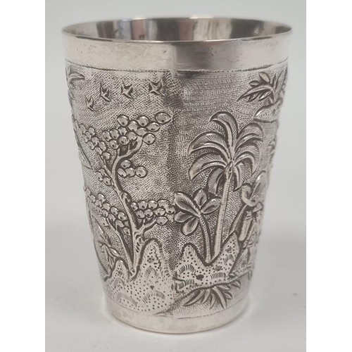 458 - Indo China, probably Vietnamese, beaker decorated with buffalo and figure on a bridge, in lakeside l... 