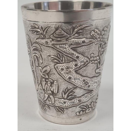 458 - Indo China, probably Vietnamese, beaker decorated with buffalo and figure on a bridge, in lakeside l... 