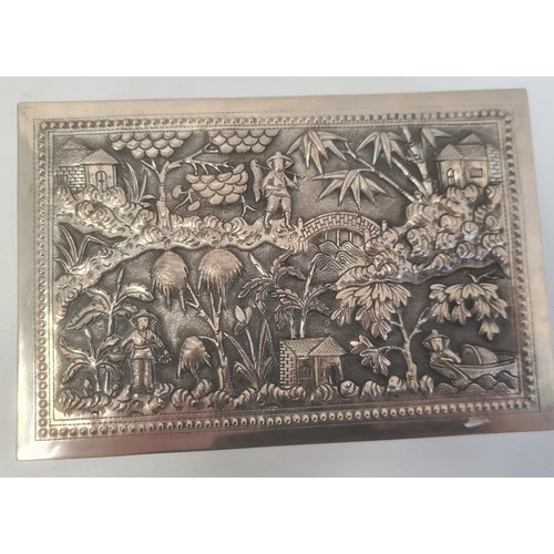 465 - Indo China cigar box, rectangular with detailed repousse decoration on all sides, figures in rural l... 