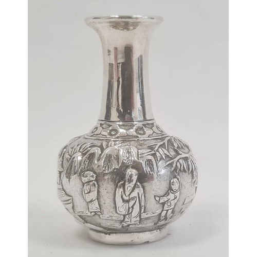 467 - Chinese silver-coloured miniature bottle vase, the body repousse with figures in gardens, Chinese ch... 