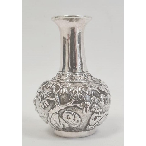 467 - Chinese silver-coloured miniature bottle vase, the body repousse with figures in gardens, Chinese ch... 