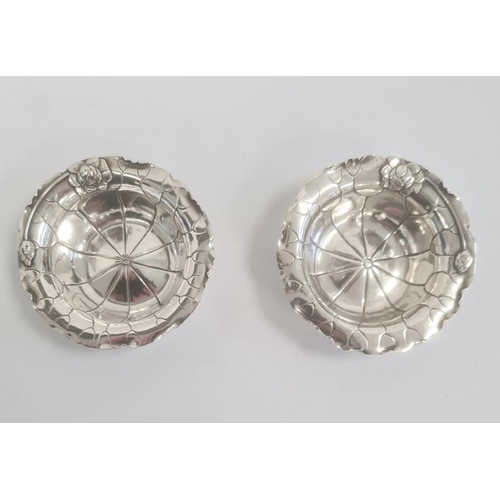 470 - Pair Arthur Bond & Co Yokohama silver bonbon dishes, each circular and with everted rim, leaf-patter... 