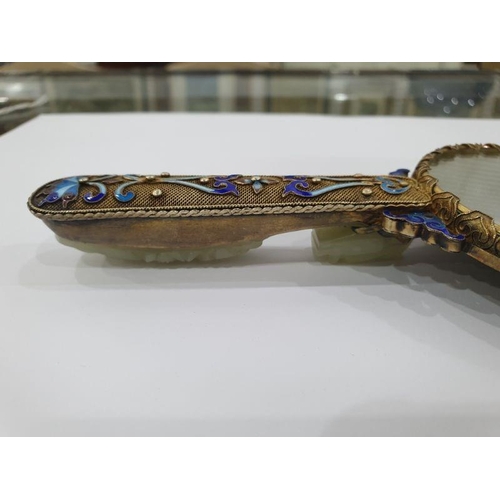 472 - Chinese gilt metal hand mirror, the handle and mirror back each decorated with blue enamel cloisonne... 