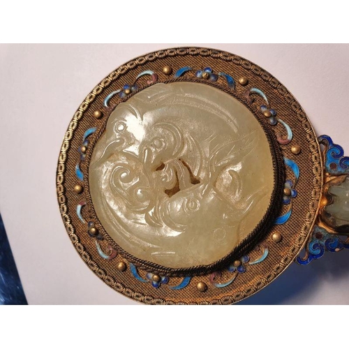 472 - Chinese gilt metal hand mirror, the handle and mirror back each decorated with blue enamel cloisonne... 