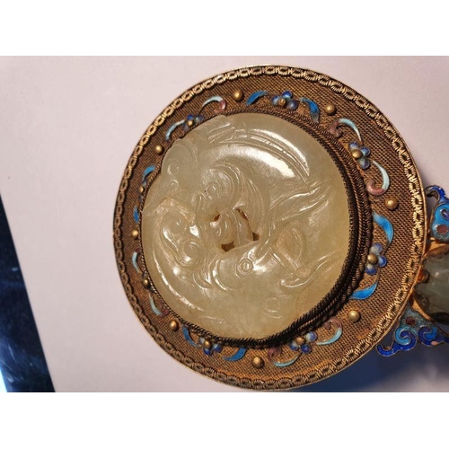 472 - Chinese gilt metal hand mirror, the handle and mirror back each decorated with blue enamel cloisonne... 