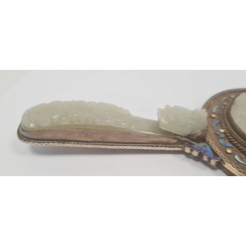 472 - Chinese gilt metal hand mirror, the handle and mirror back each decorated with blue enamel cloisonne... 