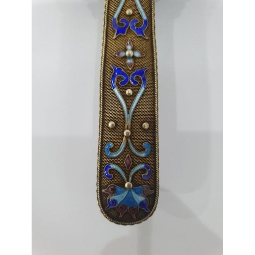 472 - Chinese gilt metal hand mirror, the handle and mirror back each decorated with blue enamel cloisonne... 