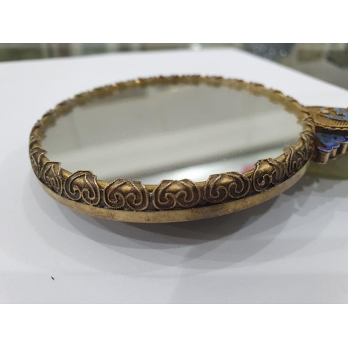 472 - Chinese gilt metal hand mirror, the handle and mirror back each decorated with blue enamel cloisonne... 