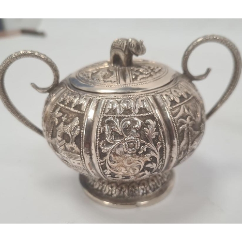 493 - Early 20th century Anglo Indian three-piece tea set comprising teapot, two-handled sugar bowl and mi... 