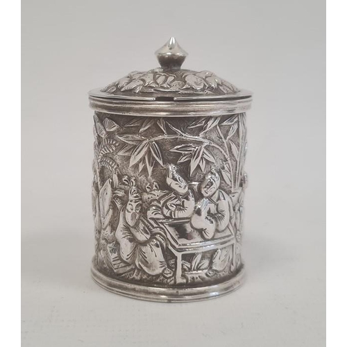 496 - Chinese Wang Hing embossed silver mustard pot, cylindrical and lidded, decorated autour with figures... 