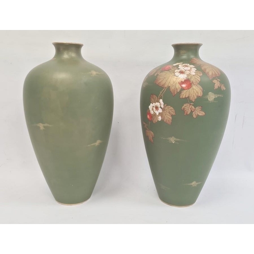 50 - Pair Victorian Aesthetic movement earthenware vases, each of tall ovoid form, painted with strawberr... 