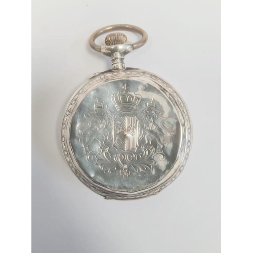 504 - Large continental white metal cased pocket watch, button winding, with subsidiary seconds dial, insc... 