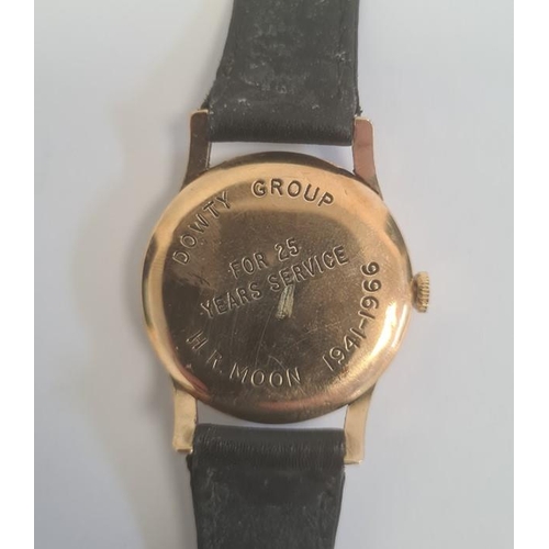 507 - A Baume gold 17 Jewels wristwatch inscribed to reverse 'Dowty Group For 25 Years Service H.R. Moon 1... 