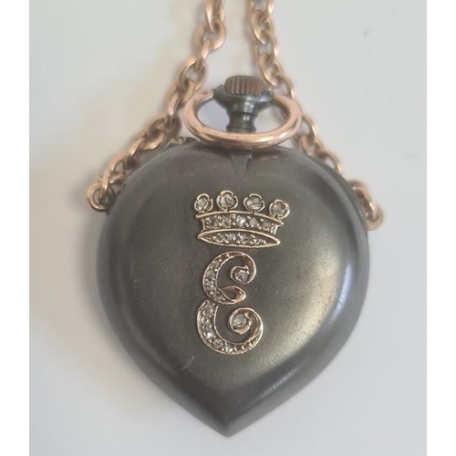 514 - Antique steel gold-coloured metal and diamond fob watch, heart-shaped, button winding, the reverse i... 