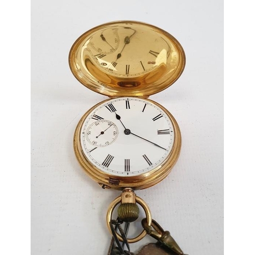 516 - 18ct gold hunter pocket watch, the white enamel dial with Roman numerals and subsidiary seconds dial... 