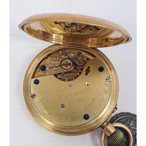 516 - 18ct gold hunter pocket watch, the white enamel dial with Roman numerals and subsidiary seconds dial... 