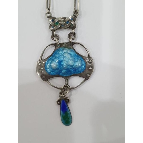 570 - Edwardian silver and enamel pendant drop necklace in blue, green and turquoise