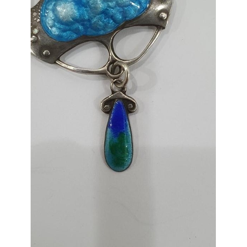 570 - Edwardian silver and enamel pendant drop necklace in blue, green and turquoise