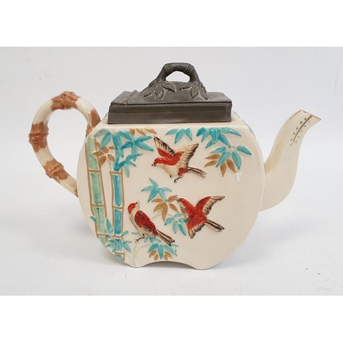 6 - Victorian Aesthetic movement pewter mounted teapot in Japonaiserie style, embossed with birds and ba... 