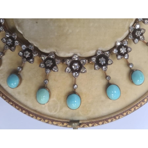 604 - Gold, turquoise and diamond cluster collarette necklace set with 19 flower-shaped diamond clusters, ... 