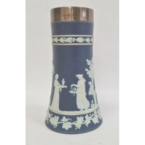 63 - Edwardian silver-mounted Wedgwood jasperware vase with flared base, classical figures in relief on a... 