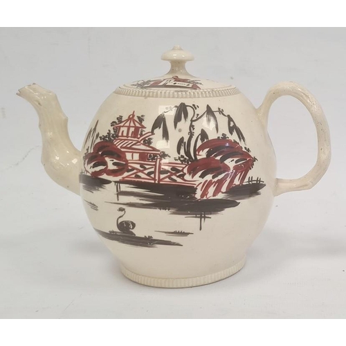 65 - 18th century English creamware teapot, the bulbous body with chinoiserie lakeside landscape in iron ... 