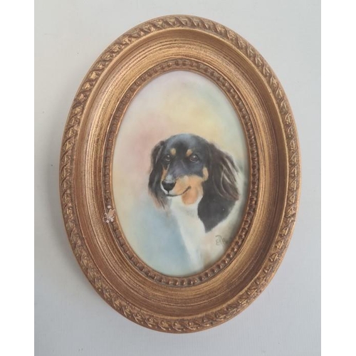 70 - Painted porcelain plaque, oval, head and shoulders study of a dog 'Amber' by E R Booth, ex Royal Wor... 